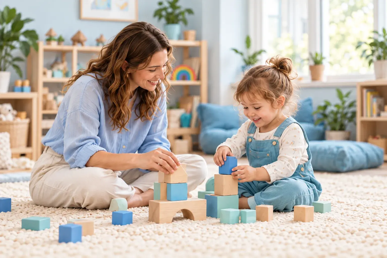 A psychologist and a young child sit on a soft rug, building with wooden blocks together in a bright playroom.