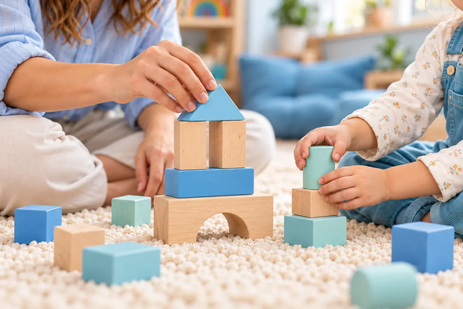 Close-up of an adult’s and a child’s hands stacking pastel wooden blocks on a textured rug.